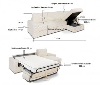 Canapé d'angle EXPRESS BILBAO couchage 140cm matelas 16 cm méridienne coffre velours ivoire